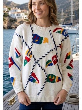 Vintage Izod Nautical Regatta crewneck sweater ropes & flags Sz Medium